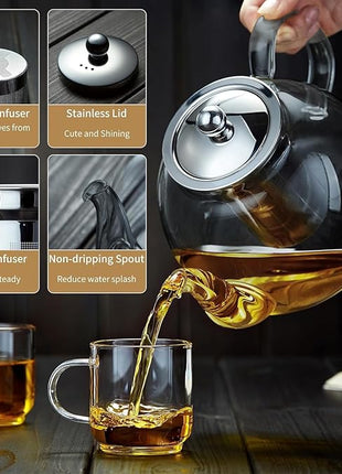 40OZ (1200ML) Glass Teapot with Infuser Stovetop Safe, Clear Glass Tea Pot Kettle, Borosilicate Tea Pot with Infusers Filter for Loose Tea, Tea Kettle Dishwasher Safe (Black)