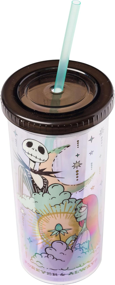 Silver Buffalo Disney Nightmare Before Christmas “Forever and Always” Featuring Jack Skellington and Sally Plastic Tall Cold Cup with Lid and Straw, 20 Ounces