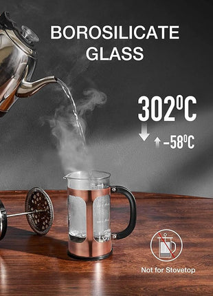 BAYKA 21 Ounce 0.6 Liter French Press Coffee Tea Maker Small, Heat Resistant Thickened Borosilicate Glass Stainless Steel Single Serve Brewer, Cold Brew Cafetera Teapot, Copper