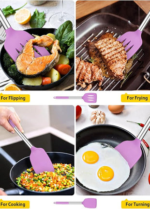 Pack of 2 Silicone Solid Turner, Non Stick Slotted Kitchen Spatulas, High Heat Resistant BPA Free Cooking Utensils, Ideal Cookware for Fish, Eggs, Pancakes(Purple)