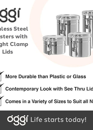 Oggi Set of 4 Stainless Steel Kitchen Canisters - Airtight Clamp Lid, Clear See-Thru Top - Ideal for Kitchen Storage, Food Storage, Pantry Storage - Includes 1 each: 26oz, 36oz, 47oz, 62oz.