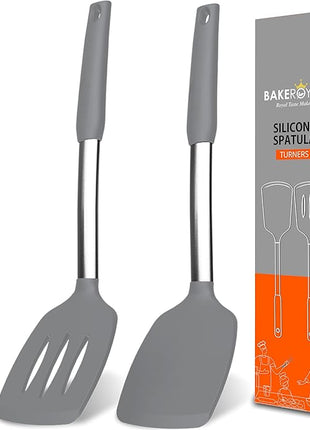 Silicone Spatula Set - Turner Spatulas Silicone Heat Resistant 600°F - Slotted & Solid Spatula for Cooking Fish, Eggs, Pancakes Flipper – Spatulas for kitchen use – Gray