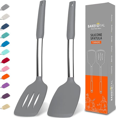 Silicone Spatula Set - Turner Spatulas Silicone Heat Resistant 600°F - Slotted & Solid Spatula for Cooking Fish, Eggs, Pancakes Flipper – Spatulas for kitchen use – Gray