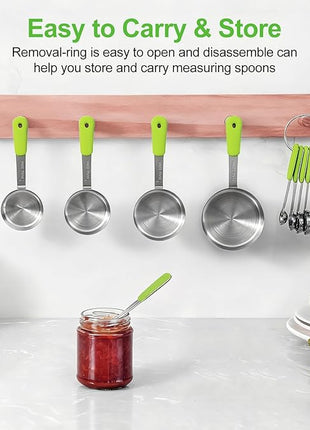 Measuring Cups and Spoons Set Stainless Steel 10 Piece for Cooking and Baking (5 Cups + 5 Spoons, Green Handle)