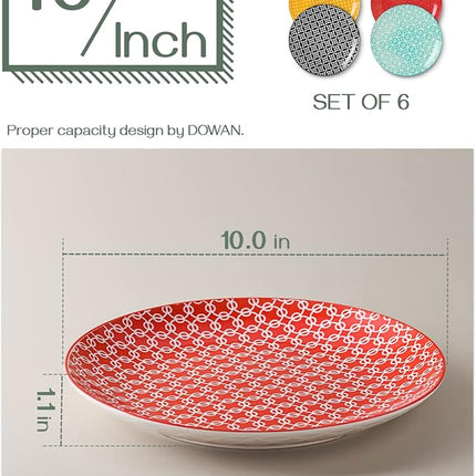 DOWAN 10" Colorful Dinner Plates Set of 6, Ceramic Dessert Plates Set for Salad, Pasta, Steak - Appetizer Plates, Dining Serving Plates for Parties, Restaurant - Dishwasher & Microwave Safe - Gifts