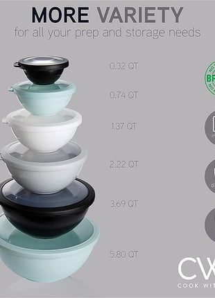 COOK WITH COLOR Mixing Bowls with TPR Lids - 12 Piece Plastic Nesting Bowls Set includes 6 Prep Bowls and 6 Lids, Microwave Safe Mixing Bowl Set (Mint)