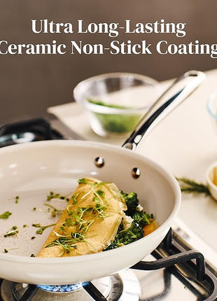 Redchef Ceramic Non Stick Egg Pans, Nonstick Frying Pan Skillet, 8 inch Cooking Pan Non Toxic with Stay Cool Handle for Induction, PTFE & PFAS & PFOA Free, Dishwasher/Oven Safe (Beige White)