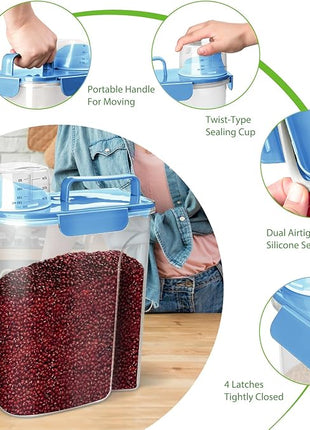 Rice Storage Container, 5 to 10lb Dry Food Airtight Dispenser, Pet Dog Cat Food Canister, BPA Free Clear Plastic Kitchen and Pantry Organization Bin for Oatmeal, Grain, Cereal, Pasta, Flour