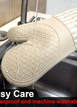 Silicone Oven Mitts Heat Resistant 932℉ with Waterproof & Non-Slip Kitchen Mittens, Set of 2 Extra Long Oven Gloves with Soft Cotton Terry Lining for Baking Cooking Barbecue (Khaki, 2)