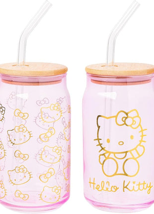 Silver Buffalo Sanrio Hello Kitty Gold 2 Pack Pink Glass Jar Tumbler with Bamboo Lid and Glass Straw, 16 Ounces