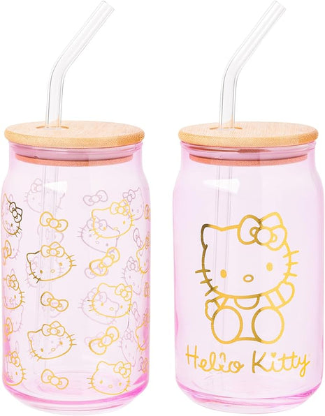 Silver Buffalo Sanrio Hello Kitty Gold 2 Pack Pink Glass Jar Tumbler with Bamboo Lid and Glass Straw, 16 Ounces