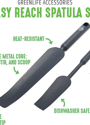GreenLife Cooking Tools and Utensils, Easy Reach Silicone Spatula Set for Baking Mixing and Stirring, Heat and Stain Resistant, Dishwasher Safe, Grey