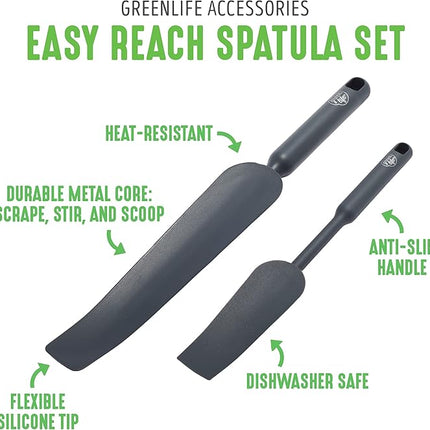 GreenLife Cooking Tools and Utensils, Easy Reach Silicone Spatula Set for Baking Mixing and Stirring, Heat and Stain Resistant, Dishwasher Safe, Grey