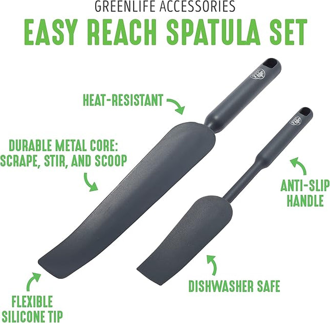 GreenLife Cooking Tools and Utensils, Easy Reach Silicone Spatula Set for Baking Mixing and Stirring, Heat and Stain Resistant, Dishwasher Safe, Grey