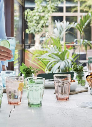 Bormioli Rocco Rock Bar 12.5 oz. Long Drink Stackable Tempered Beverage Glasses for Cold Drinks, Water, and Cocktails, Set of 6, Ice Blue