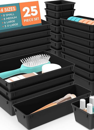 WOWBOX 25 PCS Plastic Drawer Organizer Set, Desk Drawer Divider Organizers and Storage Bins for Makeup, Jewelry, Gadgets for Kitchen, Bedroom, Bathroom, Office, Deep Black