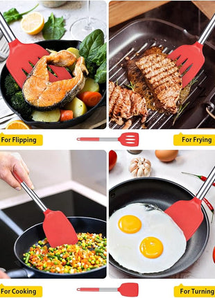 Pack of 2 Silicone Solid Turner, Non Stick Slotted Kitchen Spatulas, High Heat Resistant BPA Free Cooking Utensils, Ideal Cookware for Fish, Eggs, Pancakes(Red)