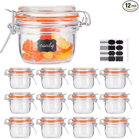 Encheng Small Glass Jars With Airtight Lids, Glass Spice Jars 5 oz,Maosn Jars With Leak Proof Rubber Gasket 150ml,Glass Storage Containers With Hinged Lid,Kitchen Canisters 12 Pack