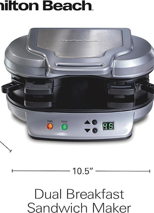 Hamilton Beach Dual Breakfast Sandwich Maker with Timer, Ready in 5 Minutes, Removable Dishwasher Safe PFAS-Free Non-Stick Egg Cooker Ring, Silver (25490MNA)