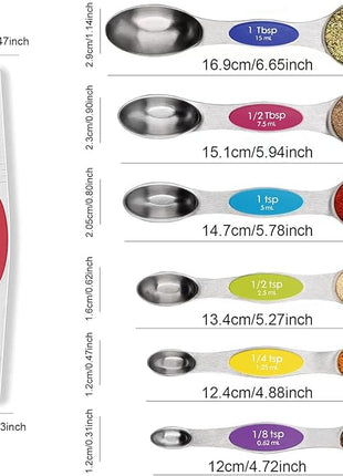 Multicolor Magnetic Measuring Spoons Set with Leveler - Stainless Steel, Stackable, Fits Spice Jars - For Baking Kitchen