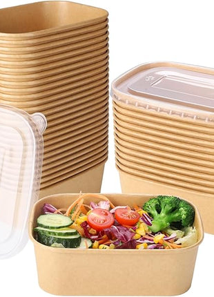 50 Sets 25oz Disposable Kraft Paper Bowls with Lids, Rectangle Paper Food Containers with Lids, Salad Bowls for Hot/Cold Food, Soup, Meal Prep, Ice Cream, Takeout, Party Supplies(750ml)