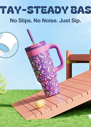 24 oz Insulated Tumbler for Kids: Spill-Proof, 2-in-1 Straw Lid, Cold for 26 Hrs, Stainless Steel Cup with Handle for School, Camping, Gift, Daily, Outdoor, Trip, Travel, Vacation (Butterfly Field)