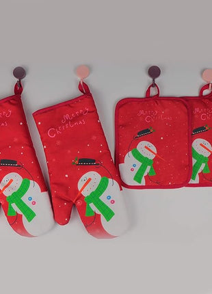 Oven Mitts and Potholders BBQ Gloves-Oven Mitts and Pot Holders with Recycled Infill Silicone Non-Slip Cooking Gloves for Cooking Baking Grilling (4-Piece Set) (Red Christmas Snow)