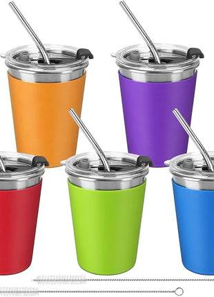 ShineMe Stainless Steel Kids Cups, 5pack with Spill Proof Lids, Straws & Silicone Sleeves, 12oz, BPA Free, Insulated, for Cold & Hot Drinks
