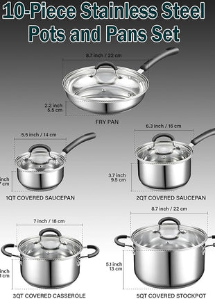 Cook N Home Stainless Steel Cookware Sets 10-Piece, Pots and Pans Kitchen Cooking Set with Stay-Cool Handles, Dishwasher Safe, Silver