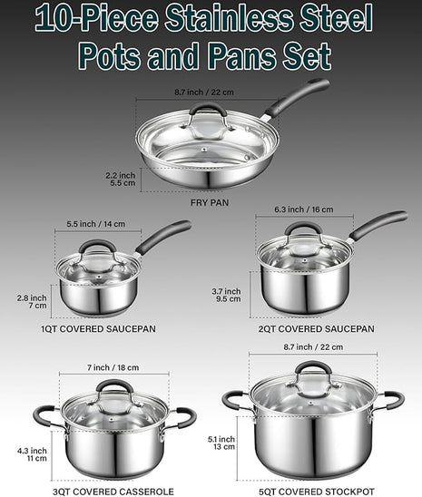 Cook N Home Stainless Steel Cookware Sets 10-Piece, Pots and Pans Kitchen Cooking Set with Stay-Cool Handles, Dishwasher Safe, Silver