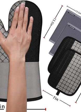 Oven Mitts and Pot Holders Sets 6pcs, Kitchen Oven Glove,High Heat Resistant 550 Degree Extra Long Oven Mitts and Potholders with Non-Slip Silicone Surface for Home Essentials (Grey) (Gray 2)