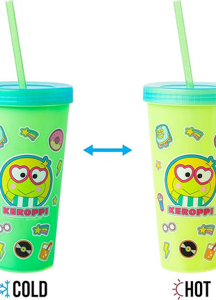 Silver Buffalo Sanrio Hello Kitty and Friends Sticker Design Featuring Kuromi, Keroppi, My Melody, and Hello Kitty 4 Pack Color Changing Plastic Tumbler Set with Glitter Straw, 24 Ounces