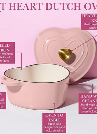Paris Hilton Enameled Cast Iron Dutch Oven Heart-Shaped Pot with Lid, Dual Handles, Works on All Stovetops, Oven Safe to 500°F, 2-Quart, Pink