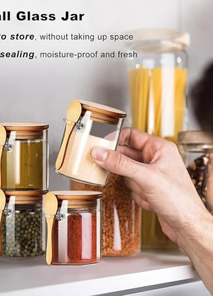 Spice Jars with Label 7oz Glass Storage Containers with Lids and Spoon Small Glass Jars for Overnight Oats Cereal Containers Storage Meal Prep Jars for Sugar Yogurt Chia Pudding Salt Candy 8pcs