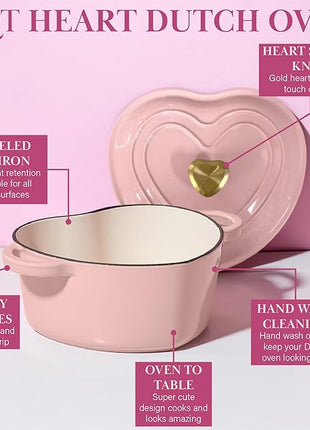 Paris Hilton Enameled Cast Iron Dutch Oven Heart-Shaped Pot with Lid, Dual Handles, Works on All Stovetops, Oven Safe to 500°F, 4-Quart, Pink