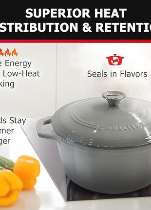 MUELLER HOME 7.5 QT Enameled Cast Iron Dutch Oven, Heavy-Duty, Oven-Safe up to 500° F & Across All Cooktops, Casserole Dish and Braiser Pan with Lid and Stainless Knob, Grey