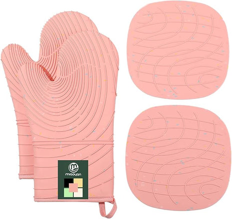 4 Pieces Oven Mitts of Macaron Color Thickened Non-Slip Silicone Kitchen Gloves, Heat Resistant up to 750F, Essential for Kitchen Baking (Pink)