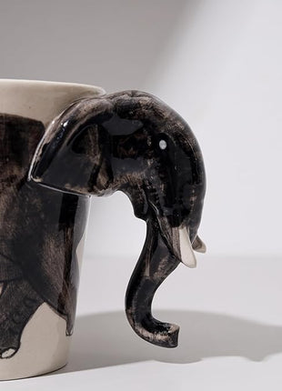 IYARA CRAFT 3D Elephant Coffee Mug 11oz - Handle is Sculpted Trunk, Cute Wildlife Design, Quality Ceramic, Microwave & Dishwasher Safe, Ideal for Tea & Hot Chocolate, 4.5" x 5"… (Black trunk down)