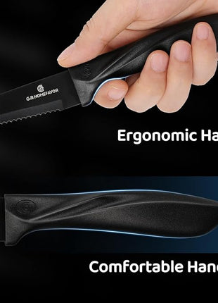 G.a HOMEFAVOR Steak Knife Set: 8-Piece Stainless Steel Sharp Serrated Knives Set for Kitchen, Full Black
