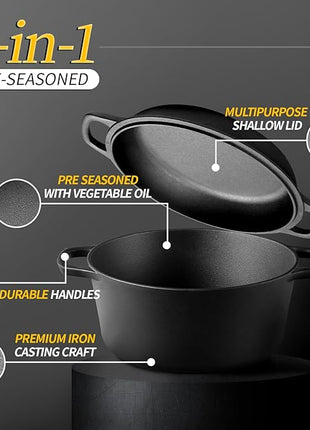 2-in-1 Pre-Seasoned Cast Iron Dutch Oven Pot with Skillet Lid Cooking Pan, Cast Iron Skillet Cookware Pan Set with Dual Handles, Indoor Outdoor for Bread/Frying/Baking/Camping/BBQ, 5 Qt