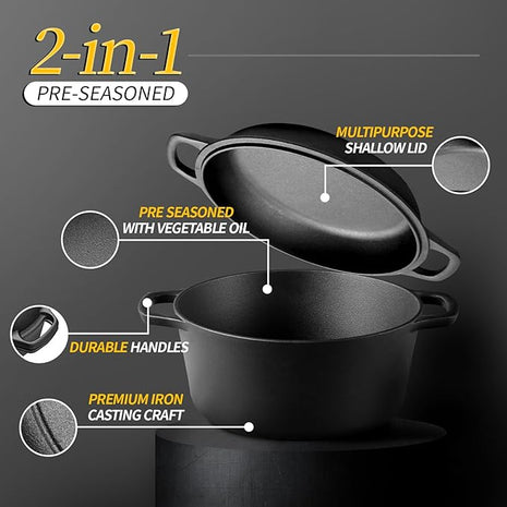 2-in-1 Pre-Seasoned Cast Iron Dutch Oven Pot with Skillet Lid Cooking Pan, Cast Iron Skillet Cookware Pan Set with Dual Handles Indoor Outdoor for Bread, Frying, Baking, Camping, 7QT