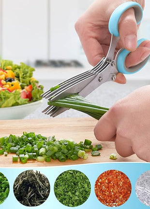 LHS Herb Scissors, Multipurpose 5 Blade Kitchen Herb Shears with Safety Cover, Kitchen Scissors for Chopping Basil Chive Parsley -Blue