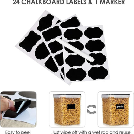 Vtopmart 4 PCS Large Food Storage Containers 5.2L / 175oz, 4 Pieces BPA Free Plastic Airtight Canisters for Flour, Sugar, Baking Supplies, Rice with Lids, 4 Measuring Cups and 24 Labels, Black