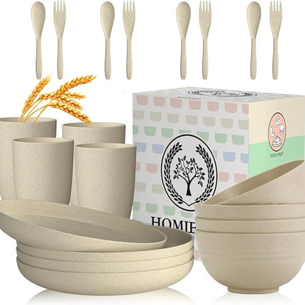 Homienly Wheat Straw Dinnerware Sets, 20pcs Lightweight Unbreakable Dinnerware, Microwave Dishwasher Safe Bowls Cups Forks Spoons set,Perfect for Camping Outdoor, Beige