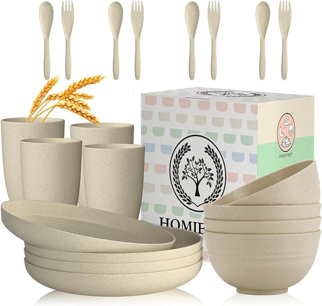 Homienly Wheat Straw Dinnerware Sets, 20pcs Lightweight Unbreakable Dinnerware, Microwave Dishwasher Safe Bowls Cups Forks Spoons set,Perfect for Camping Outdoor, Beige