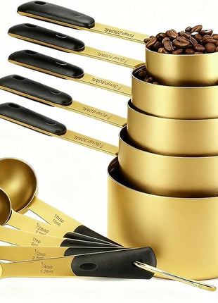 Measuring Cups and Spoons Set, Gold Electroplated Stainless Steel 10 Piece for Cooking and Baking (5 Cups + 5 Spoons Gold)