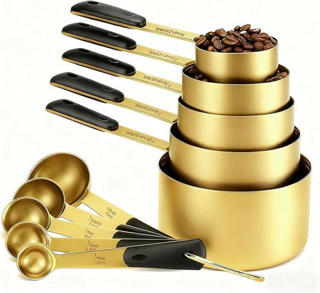 Measuring Cups and Spoons Set, Gold Electroplated Stainless Steel 10 Piece for Cooking and Baking (5 Cups + 5 Spoons Gold)