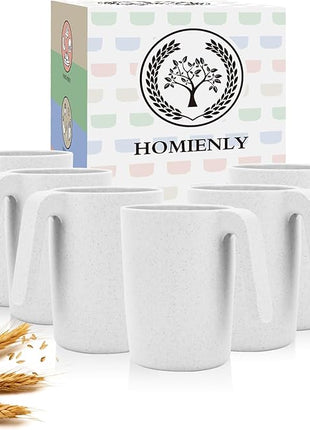 Homienly Wheat Straw Coffee Mugs Set of 6, Lightweight and Unbreakable Coffee Mugs with Handles, Alternatives to Plastic Coffee Mug, Microwave and Dishwasher Safe Cups for Kitchen, Tea - White