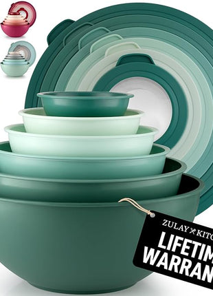 Zulay Kitchen 12-Piece Plastic Mixing Bowl Set - Colorful Nesting Bowls with Lids - Microwave & Freezer Safe (Teal Ombre)