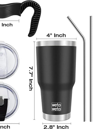 WETOWETO 30oz Insulated Tumbler With 2 Lids and 2 Straws, Stainless Steel Double Vacuum Coffee Tumbler Cup with Handle, Powder Coated Travel Mug for Home, Office, Travel, Party (Black, 1 Pack)